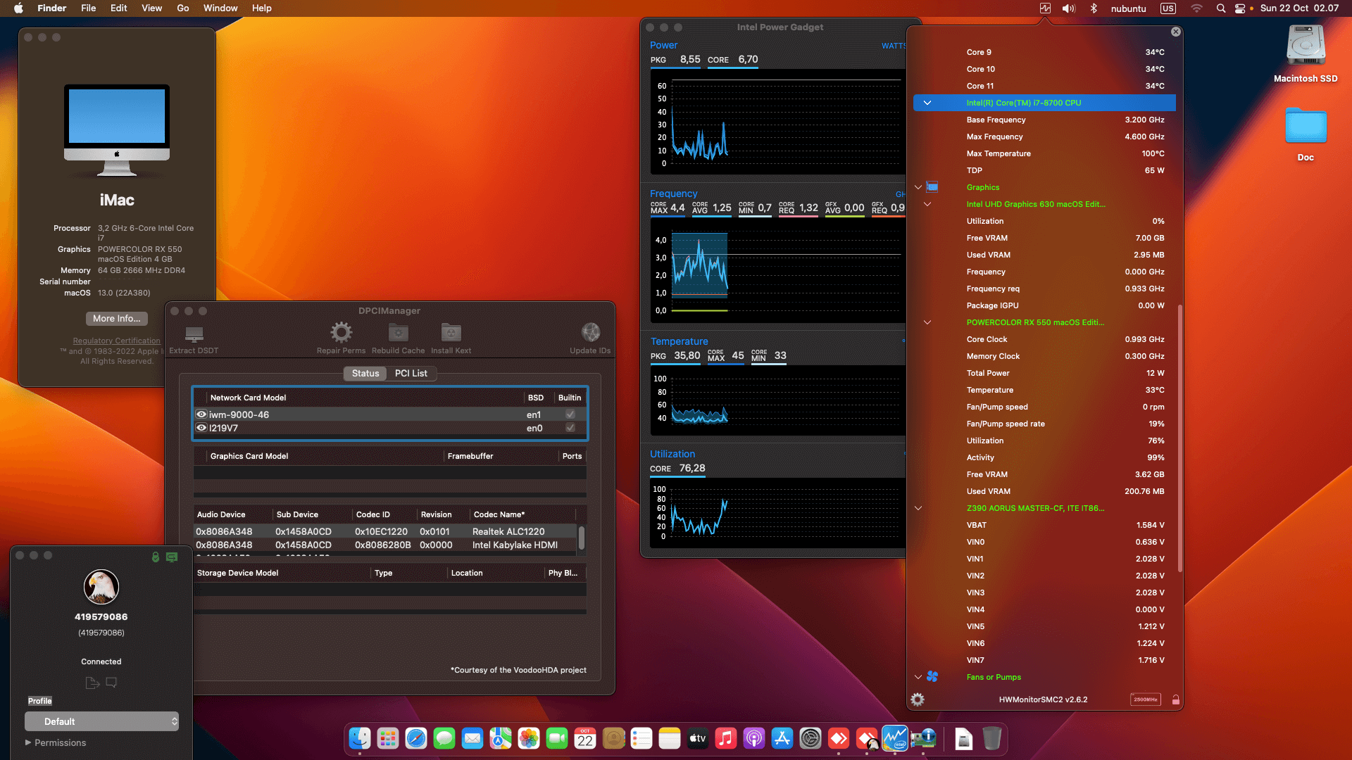 Success Hackintosh macOS Ventura 13.0 Build 22A380 in Gigabyte Z390 Aorus Master + Intel Core i7 8700 + PowerColor RX 550